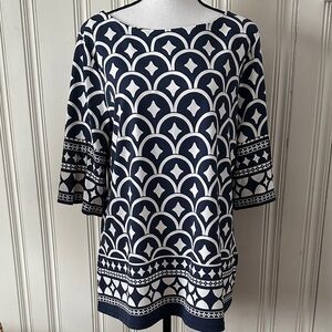 Charter Club Navy and White Patterned Women's Top Size L